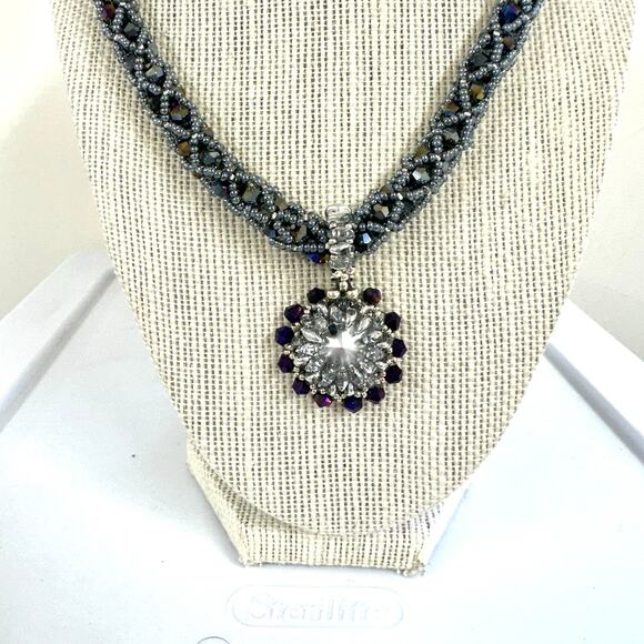 Black purple silver hand beaded necklace 12mm hand bezeled purple crystal 21" - Picture 8 of 8